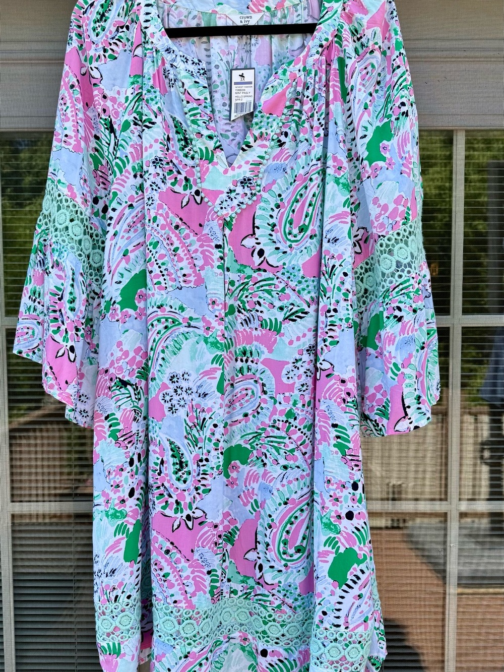 Crown & Ivy Mint & Pink Boho Tropical Crochet Detail Beach Dress XL 1X 2X 3X